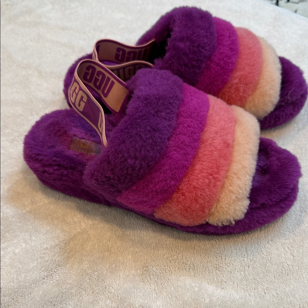 UGG Purple Pink Cream Striped Fluffy Slide Slippers - Picture 3 of 5